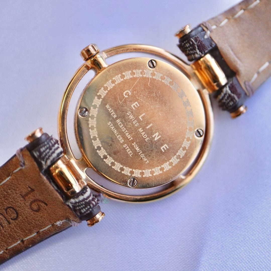 Vintage CELINE Macadam Triomphe Women’s Watch Pink Gold Dial Leather Working