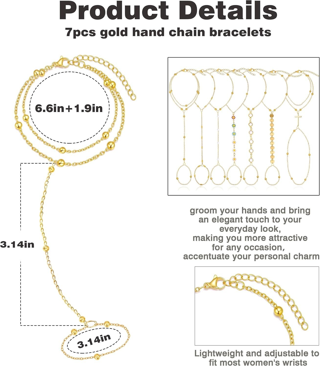 Versatile Set of 7 Adjustable 14K Gold Plated Hand Chain Bracelets for Women