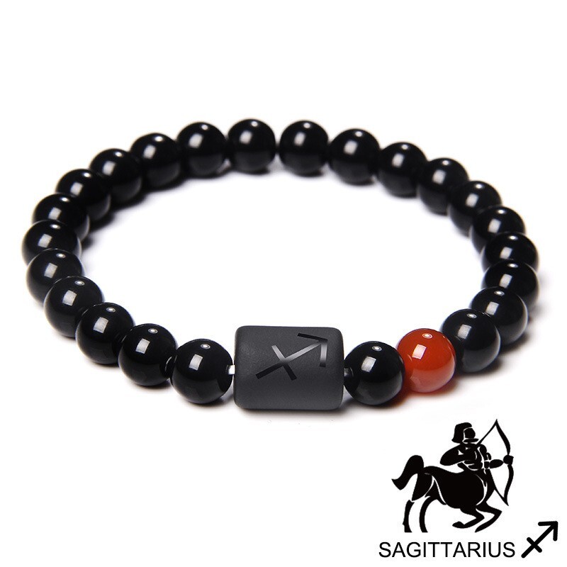 Zodiac Sign Natural Black Stone Beaded Elastic Stylish Bracelet Astrological
