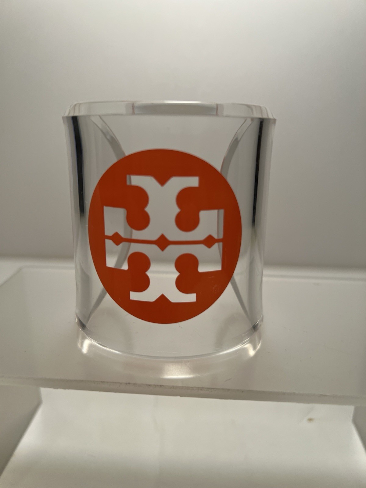 TORY BURCH Cuff Bracelet Clear Lucite With Orange Logo Excellent Unused Cond