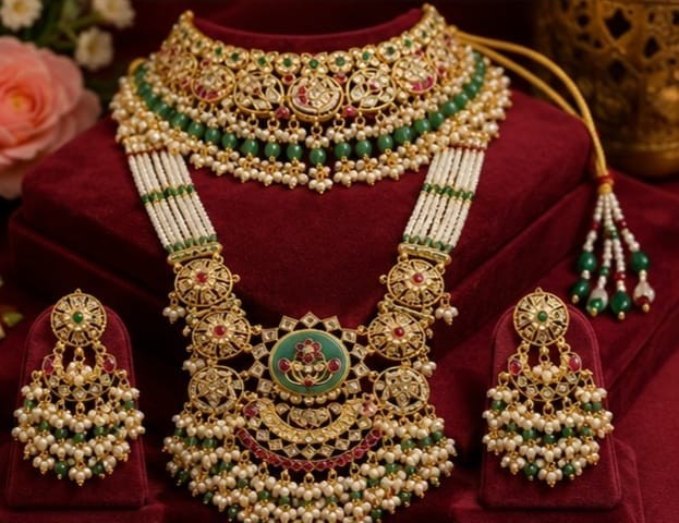 Indian Traditional Kundan Long Necklace Set Pearl Choker Green Beads Earrings
