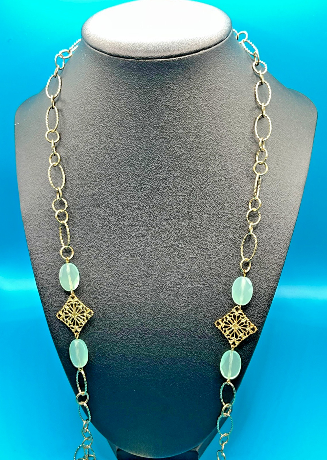 K Amato Gold Tone Long Aqua Bead Filigree Station Necklace Boho Layering