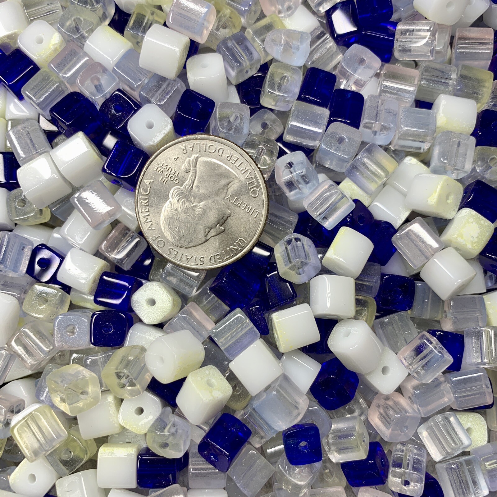 1LB/454G Assorted Blue/ Transparent/ White 6mm Square Cube Crystal Glass Beads