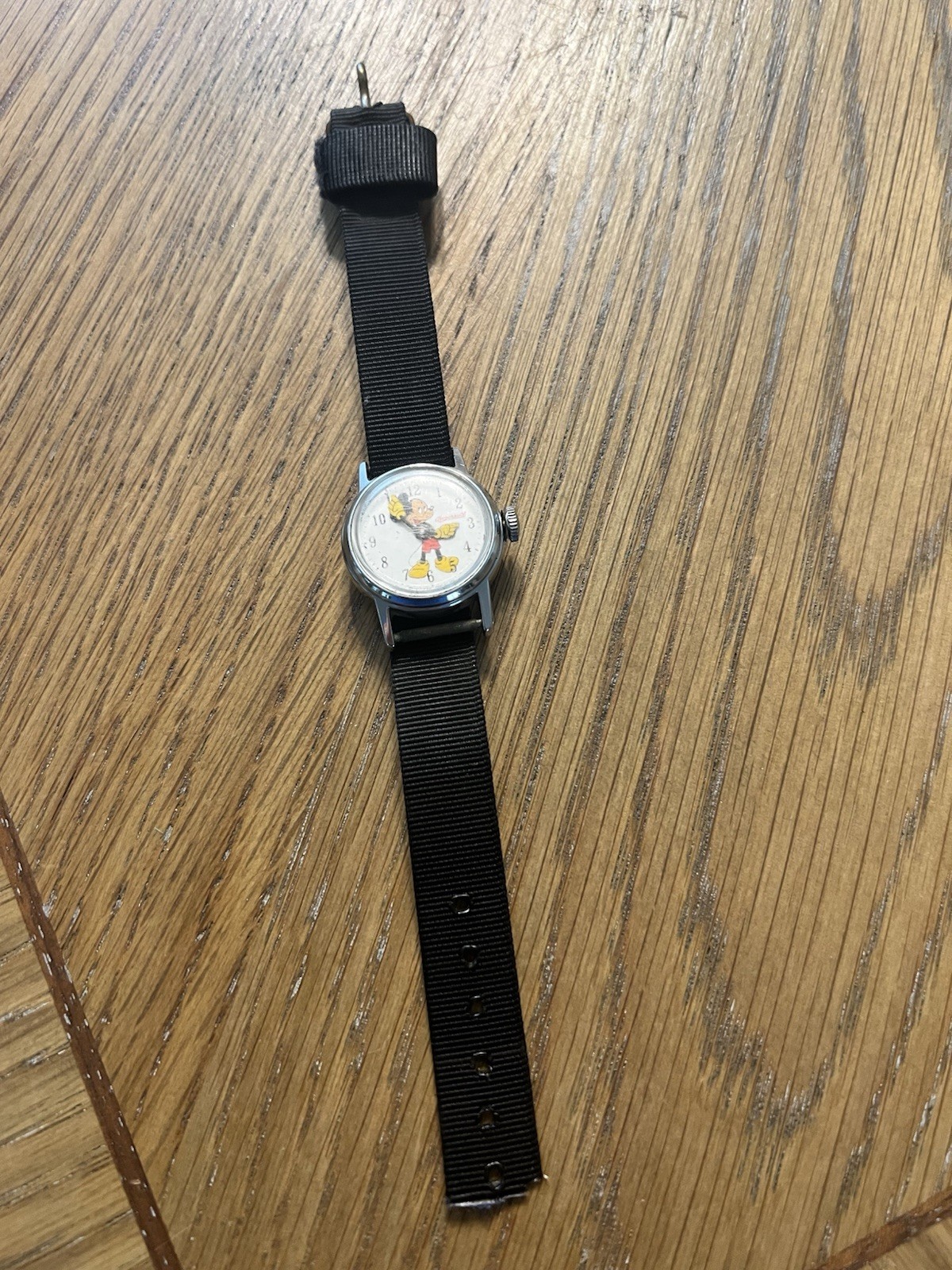 Ingersoll Mickey Mouse Manual Wind Vintage Watch 1950s Silver Case Black Nylon
