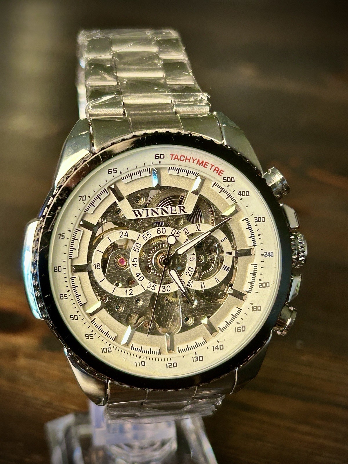 WINNER Automatic TM428 Skeleton Watch White Dial Exhibition Back Runs Great