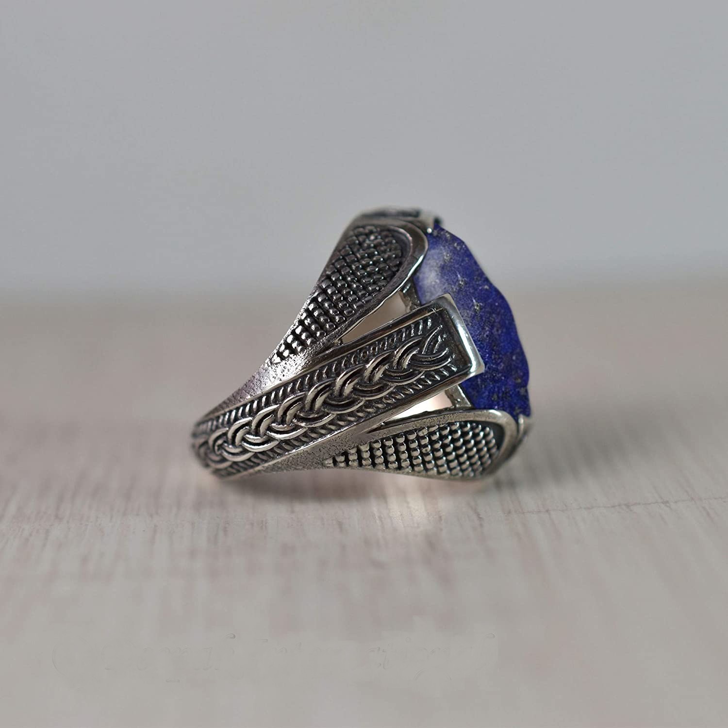 Solid 925 Sterling Silver Natural Blue Lapis Lazuli Gemstone Men’s Unisex Ring