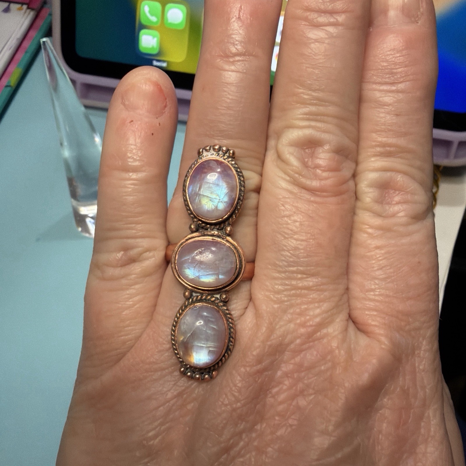Pink Moonstone Copper Adjustable Ring Sz 7-9