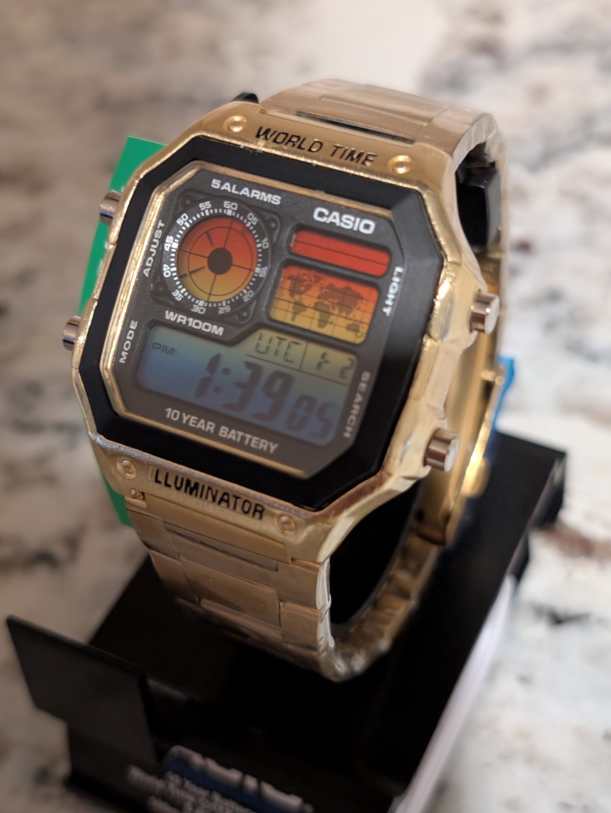 Gold CASIO AE-1200WHD 1-A. Rare Ocean Sunset Mod Royale World time watch