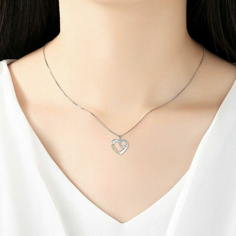 Elegant 925 Sterling Silver Love Heart Sister White Topaz Fashion Charm Necklace