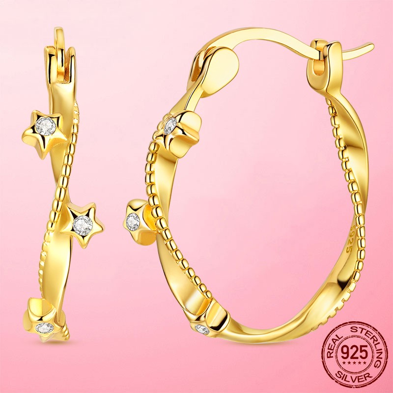 LAZA Original Women 925 Silver Hoop Earrings Star Twisted Jewelry
