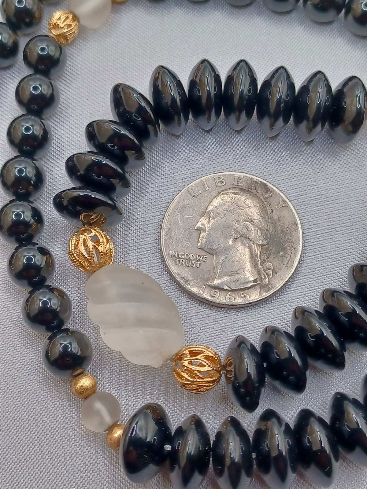 Black Glass Beaded Necklace Gold Tone Filigree & Frosted Glass Accents 38.5″