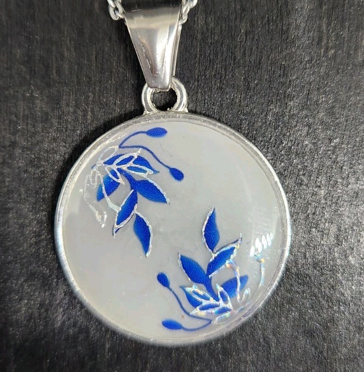 Handmade Resin Necklace – Stainless Steel Chain – Blue Floral Botanical Design