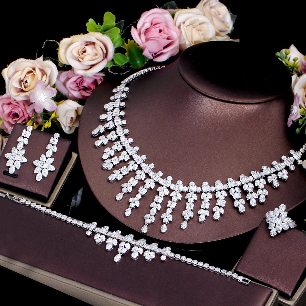 Silver Plated Long Leaf Drop Necklace Earring Bracelet Ring CZ Bride Jewelry Set
