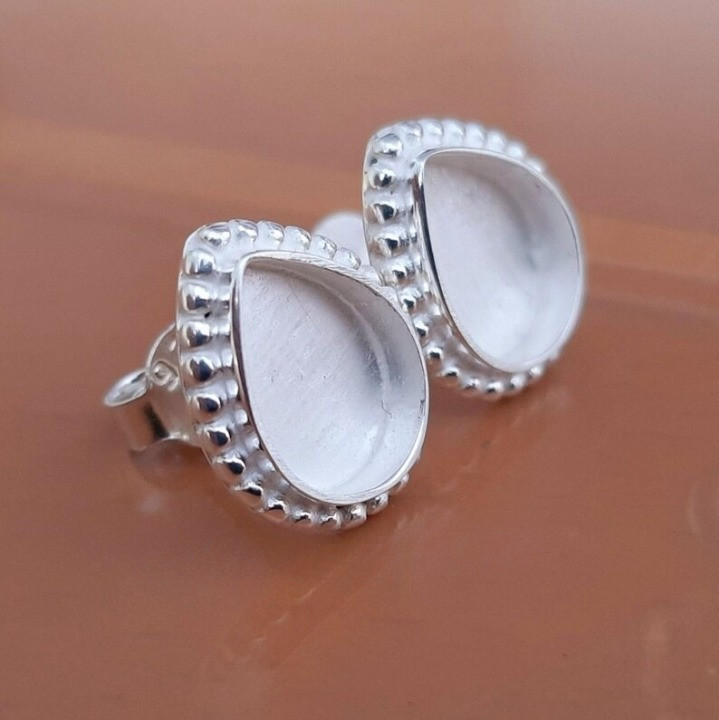 925 Sterling Silver 5x7mm Pear Beaded Bezel Stud Earrings DIY Jewelry Setting