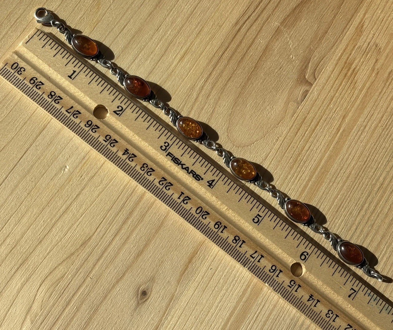 Vtg 925 Sterling Oval Cognac Amber Stones Link Leaf Chain Bracelet 7 Inches 10g