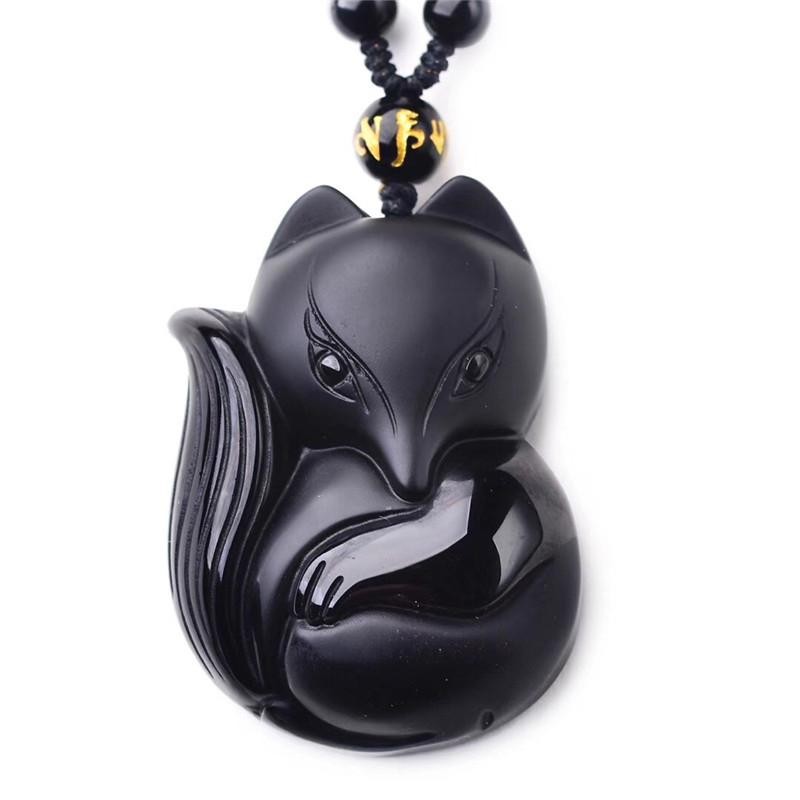 Vintage Exquisite Obsidian Fox Pendant Beaded Chain Necklace Charm Unisex Amulet