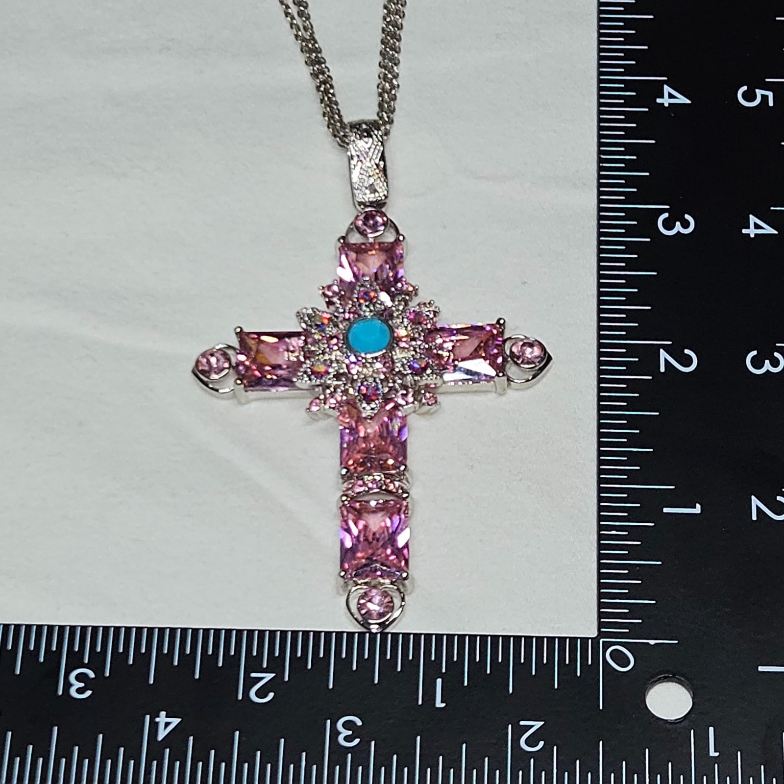 Silver tone Pink & Blue Rhinestone Cross Necklace Religious Christian 12″ 40g