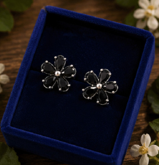2.32Ct Pear Cut Simulated Black Onyx Flower Stud Earrings 14k White Gold Plated