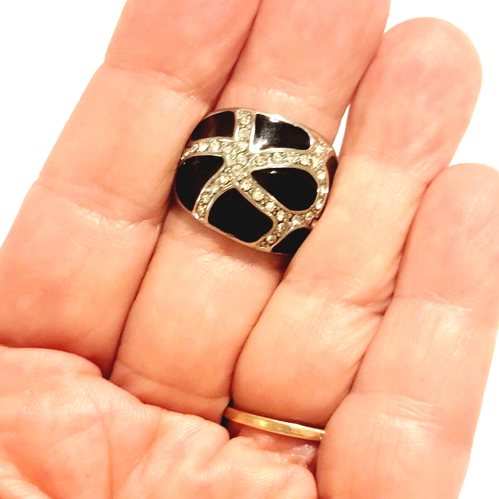 Modernist Black Enamel Rhinestone Ring Size 6.5 Contemporary Jewelry r-38