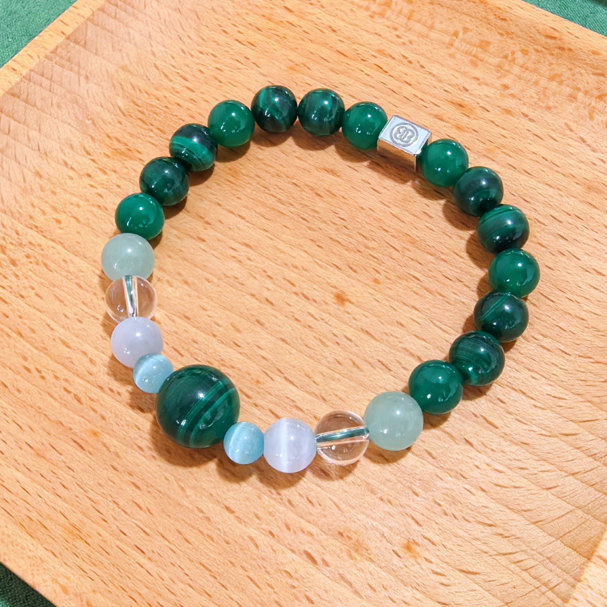 Custom Engraved Bracelet Malachite Green Agate Clear Quartz Beaded Name Jewelry