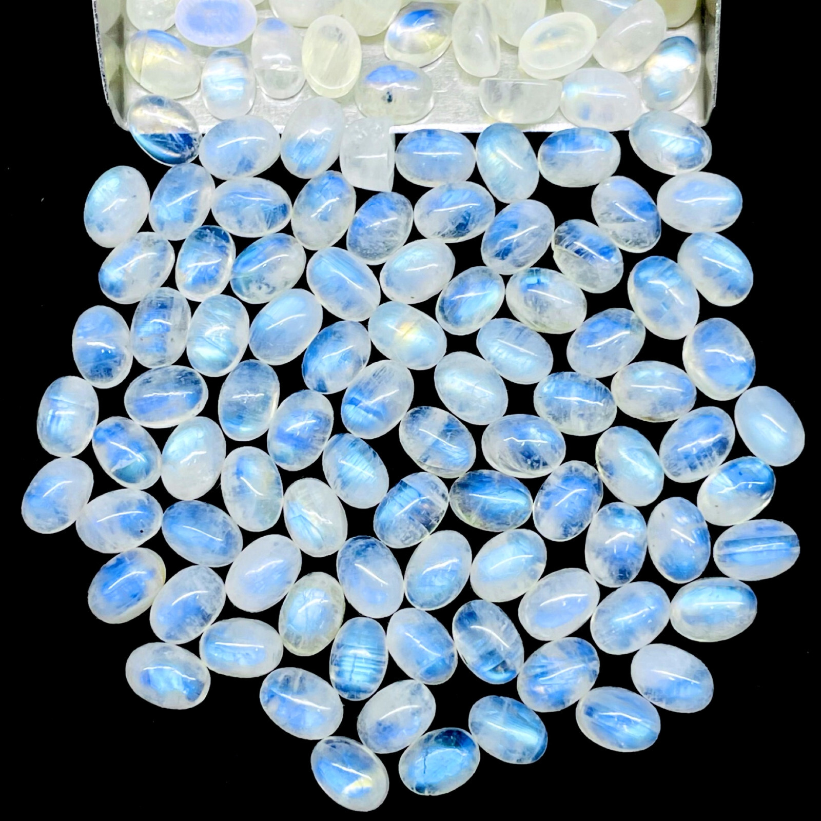 100 Pcs Natural Rainbow Moonstone 7x5mm Oval Loose Cabochon Gemstones Lot