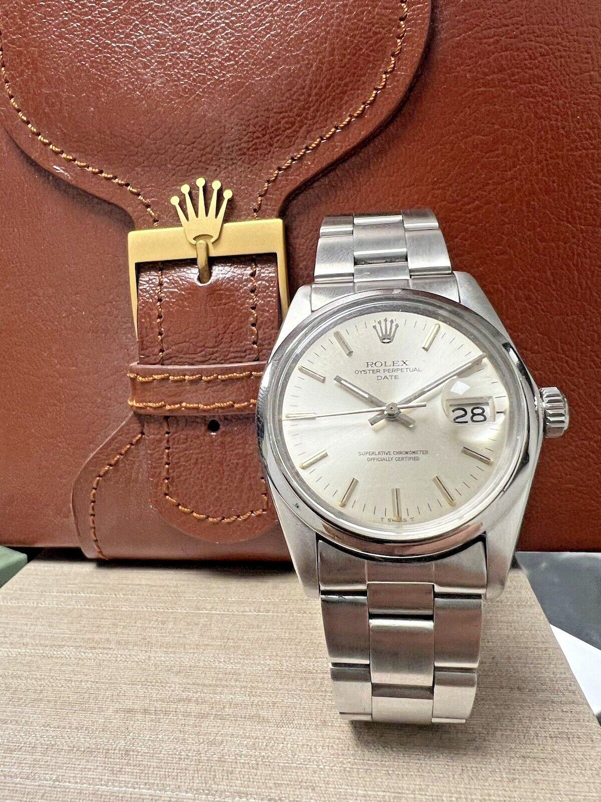 Mens Rolex Oyster Perpetual Date Stainless Steel Silver Dial 34mm Watch