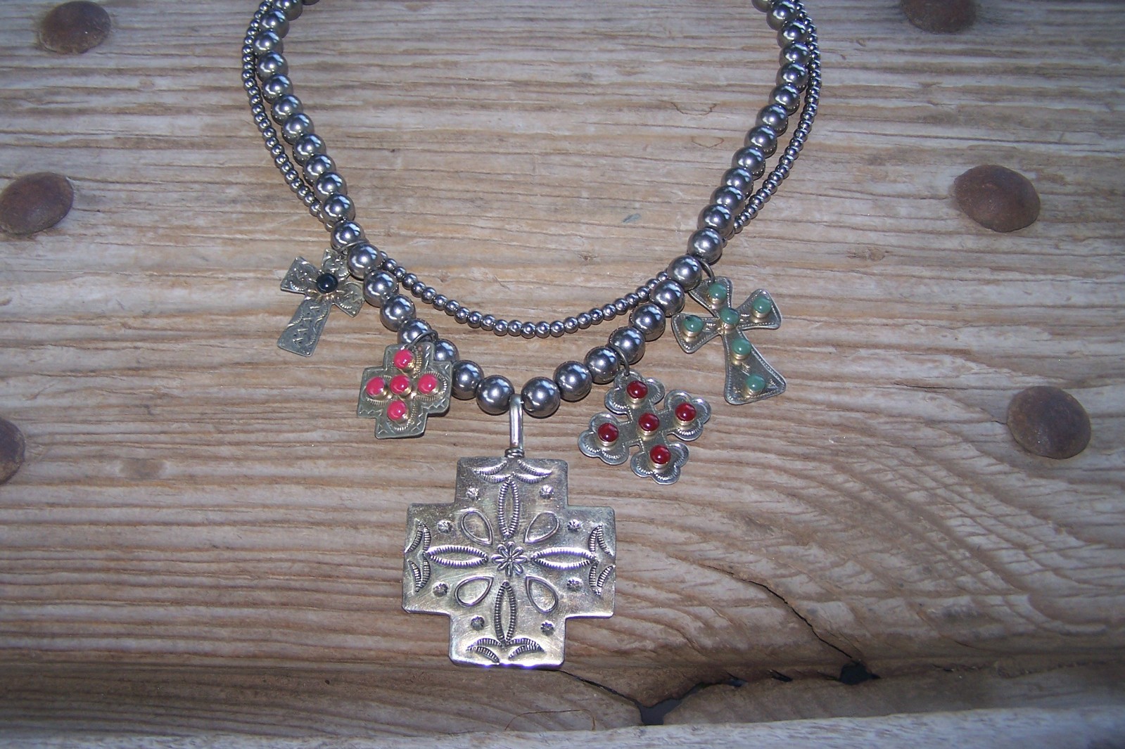 SISSIE AND ME Western Beaded Silver Turquoise Cross Charm Treasure Necklace