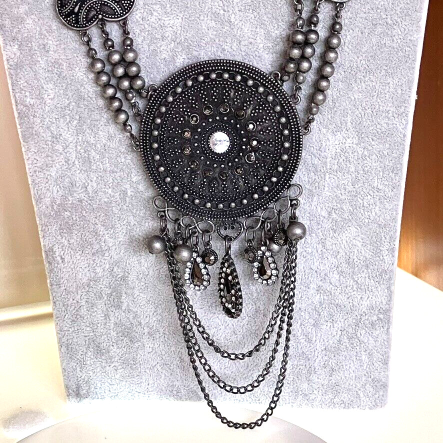 Afghan vintage necklace oxidised black metal heavy Bohemian style 82cm unusual