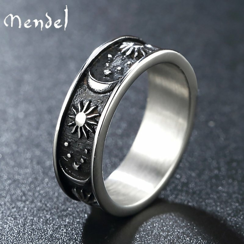MENDEL Black Mens Womens Sun And Moon Star Ring Band Stainless Steel Size 6-15