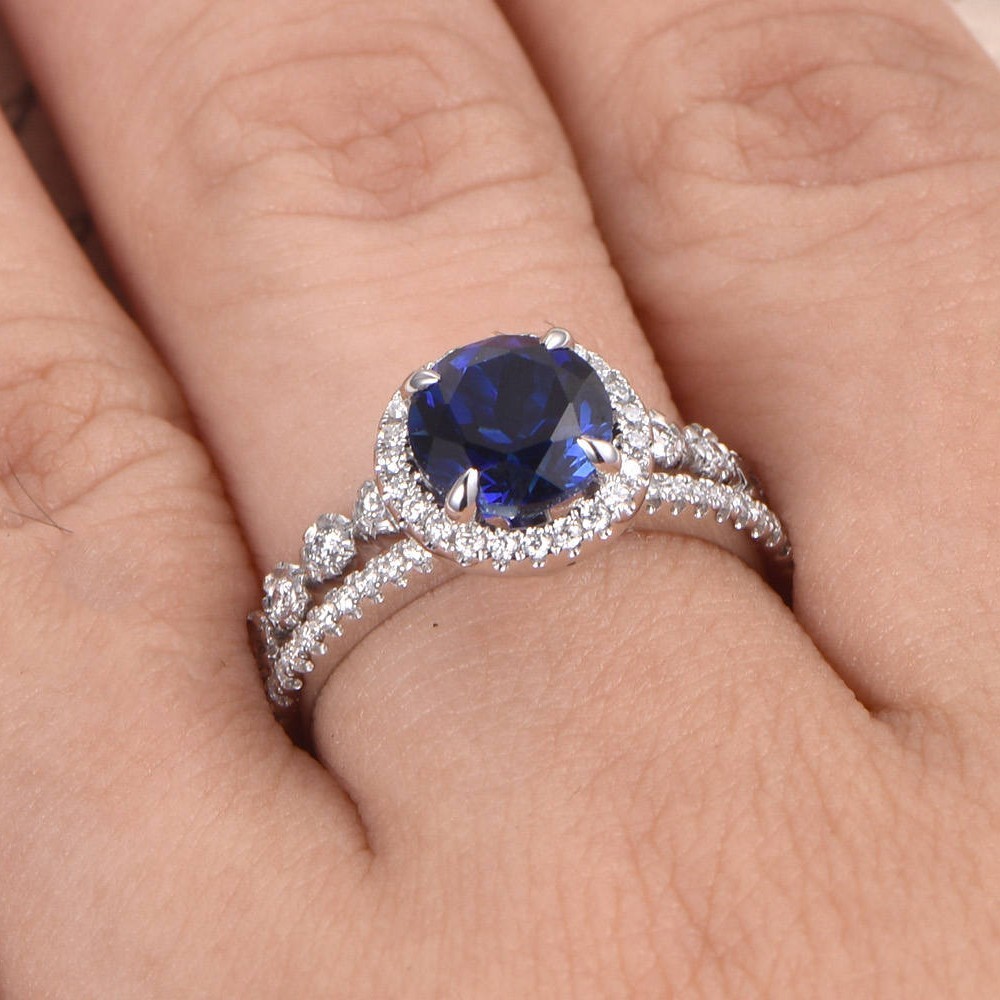 2.90 Ct Round Natural Sapphire & Diamond Engagement Ring 14K White Gold Size 8