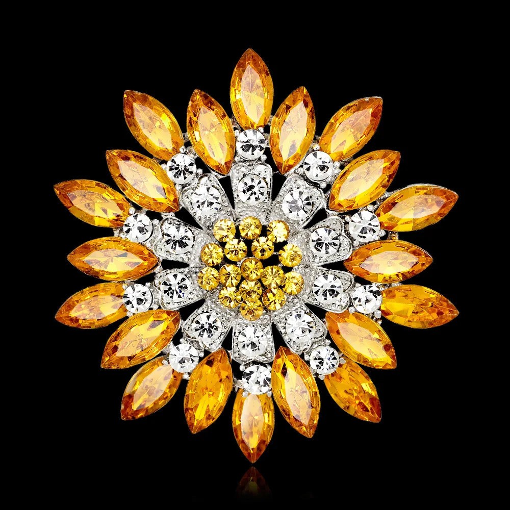 Luxury Sunflower Brooch Rhinestone Crystal Yellow Flower Pin Jewelry Summer Gift