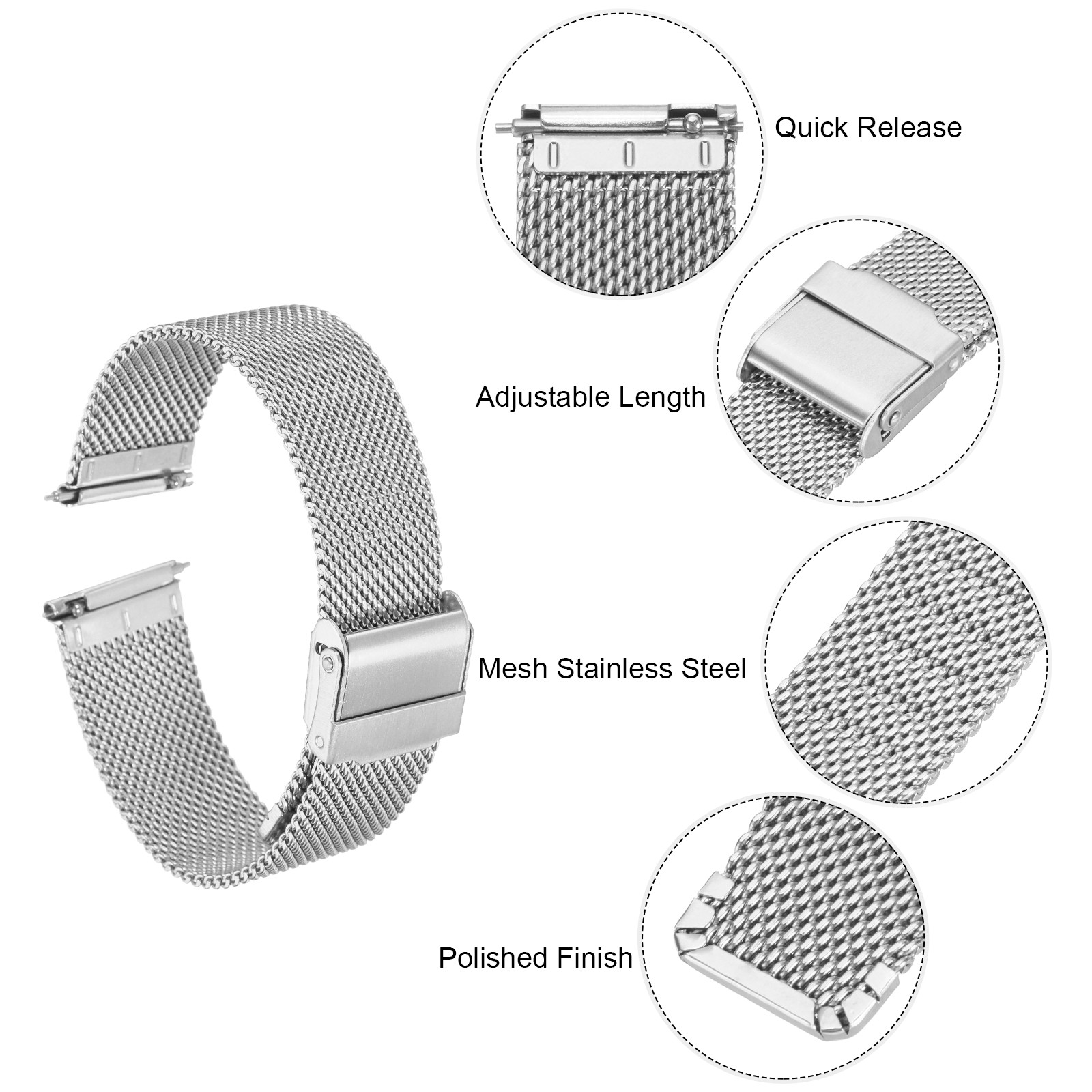 316L Stainless Steel Mesh Watch Band 19mm Adjust Strap Silver