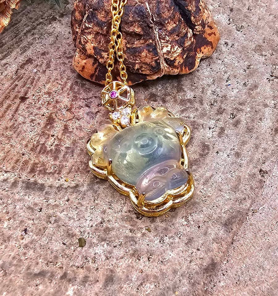 Adorable Nature Rainbow Fluorite Hand Carved Deer Pendant Necklace