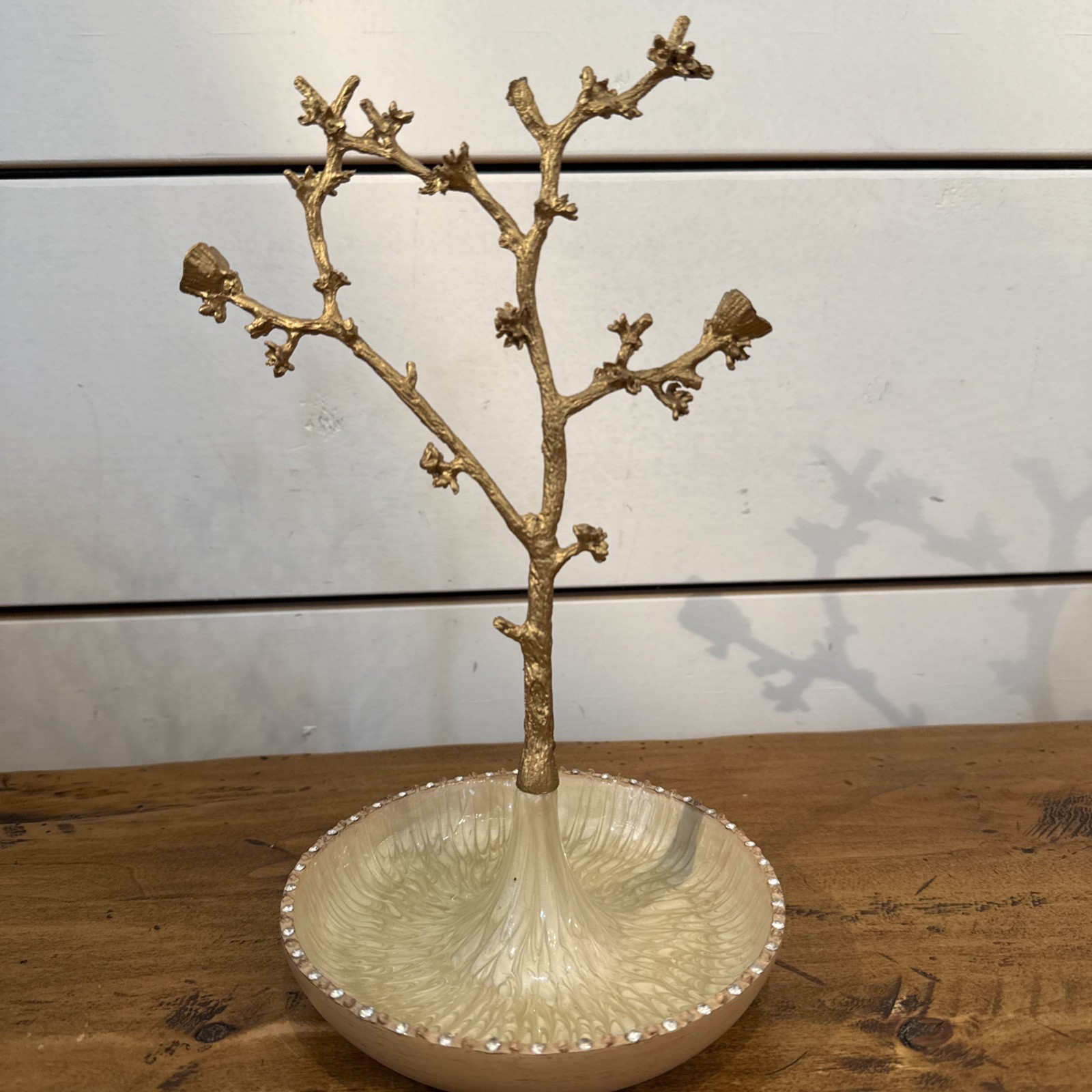 Goldtone Jewelry Tree Stand with Enamel Bowl Base