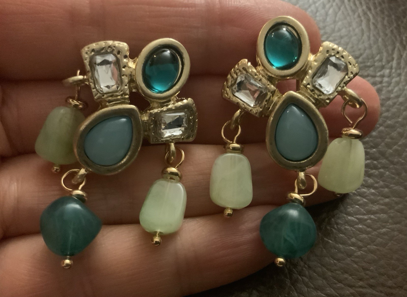 Medieval Museum Earrings Gold Hammered Antique Cabochon Boho Stud Statement VTG