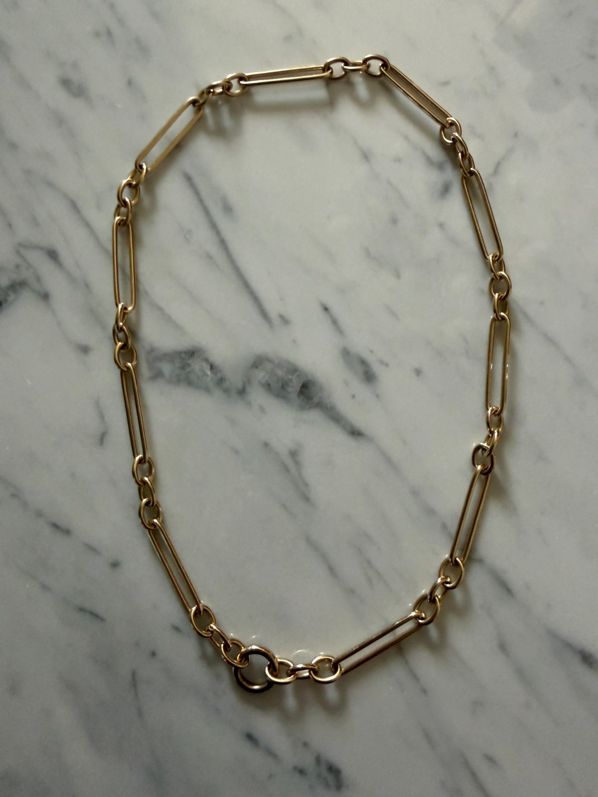 Lucy Delius 14k Yellow Gold Trombone Link Chain Necklace Front Clasp 45cm 27g
