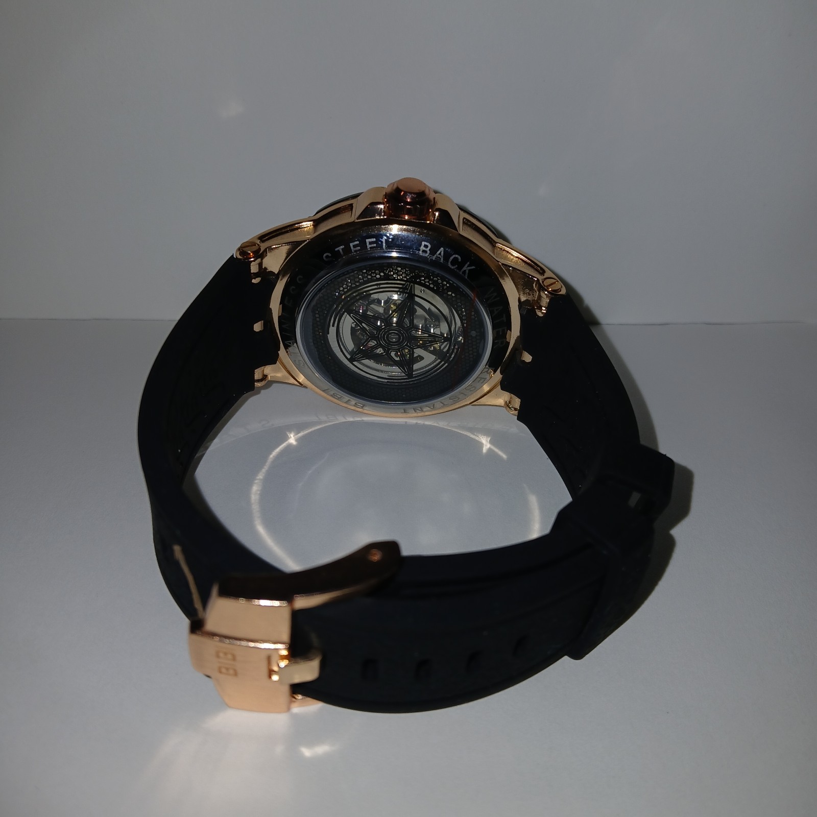 ​BiBi Automatic Skeleton Watch Men Rose Gold Star Dial Mechanical Rubber Strap