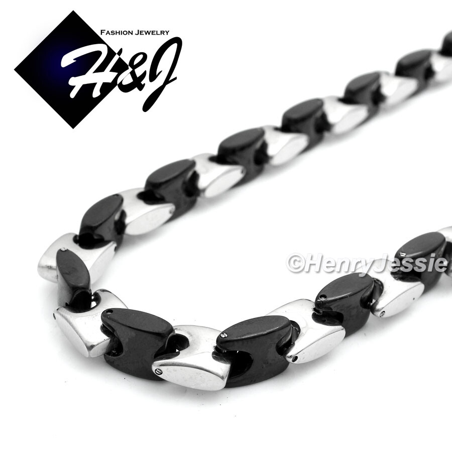 24″MEN Stainless Steel 8mm Black Plated Interlock Bone Chain Necklace Pendant*J1