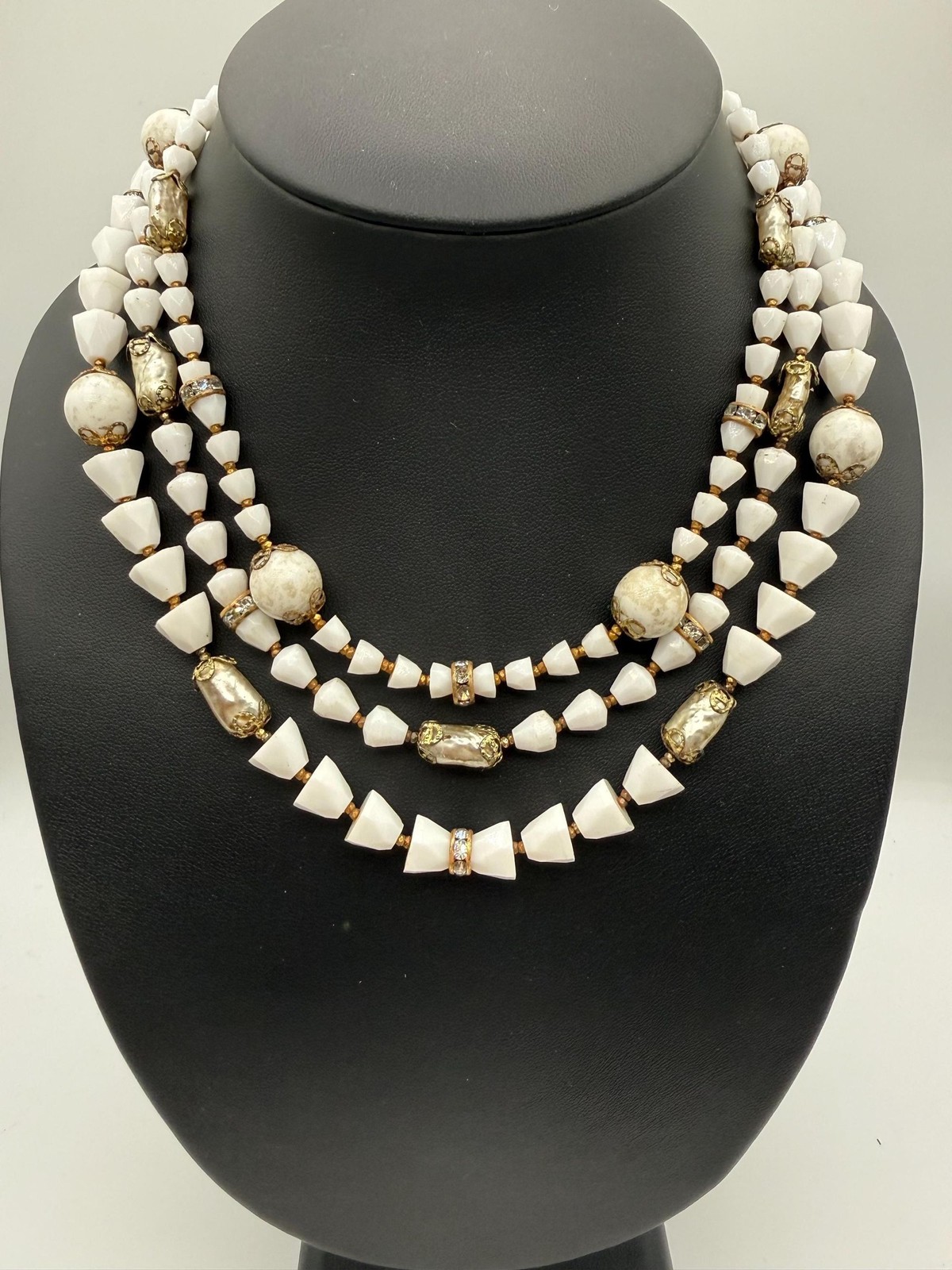 Vintage Milk Glass Multi Strand Necklace with Faux Pearls, Rhinestones (1940s-19
