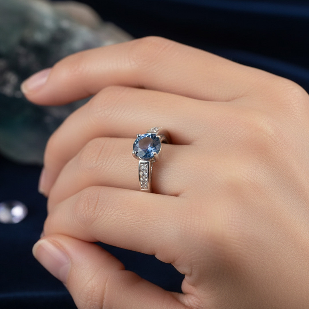 Color-Changing Fluorite Ring – 1.249ctw Blue Fluorite Solitaire with 12 Zircon