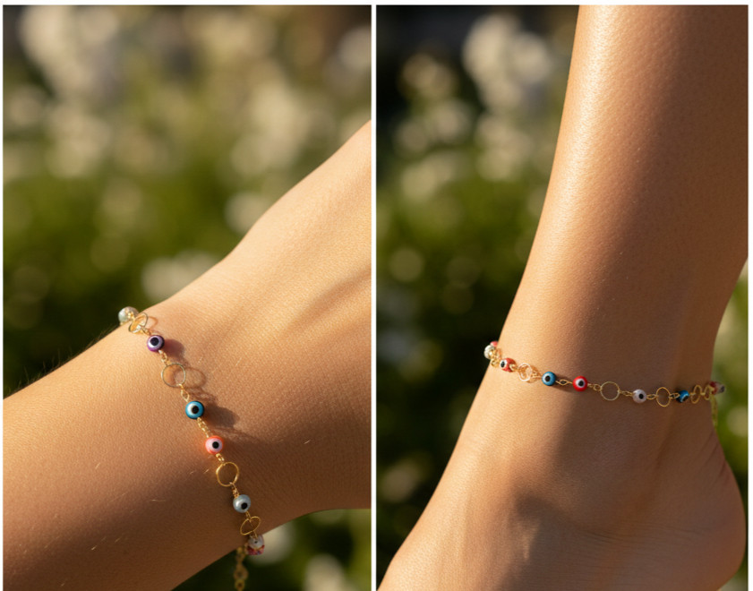 Chic Multi-Color Evil Eye Bracelet Gold Plated Beaded Link Chain Trendy Jewelry