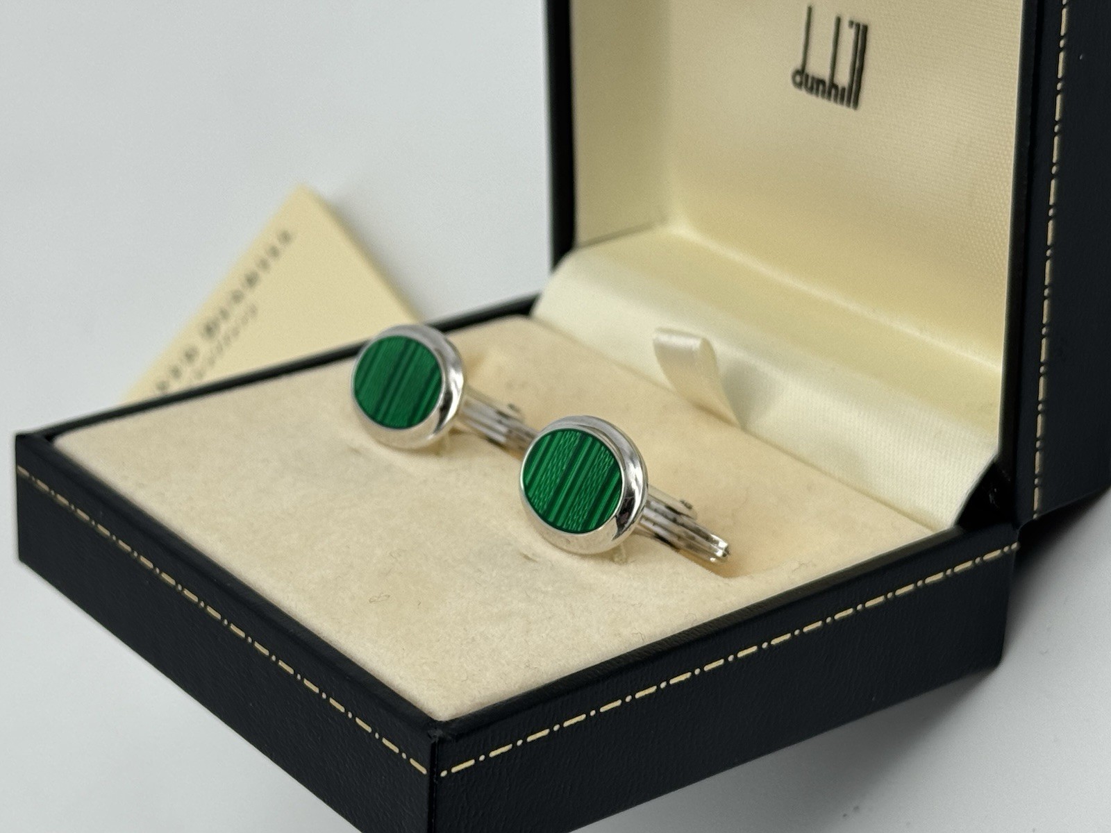 DUNHILL 925 SILVER GUILLOCHE GREEN ENAMEL CUFFLINKS MINT 100% GENUINE ~$550 RARE