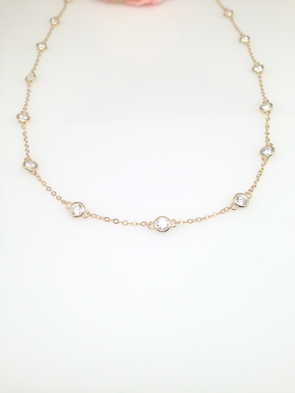 925 Sterling Silver Gold By the Yard Station Necklace Bezel CZ 18 3.5mm 18″