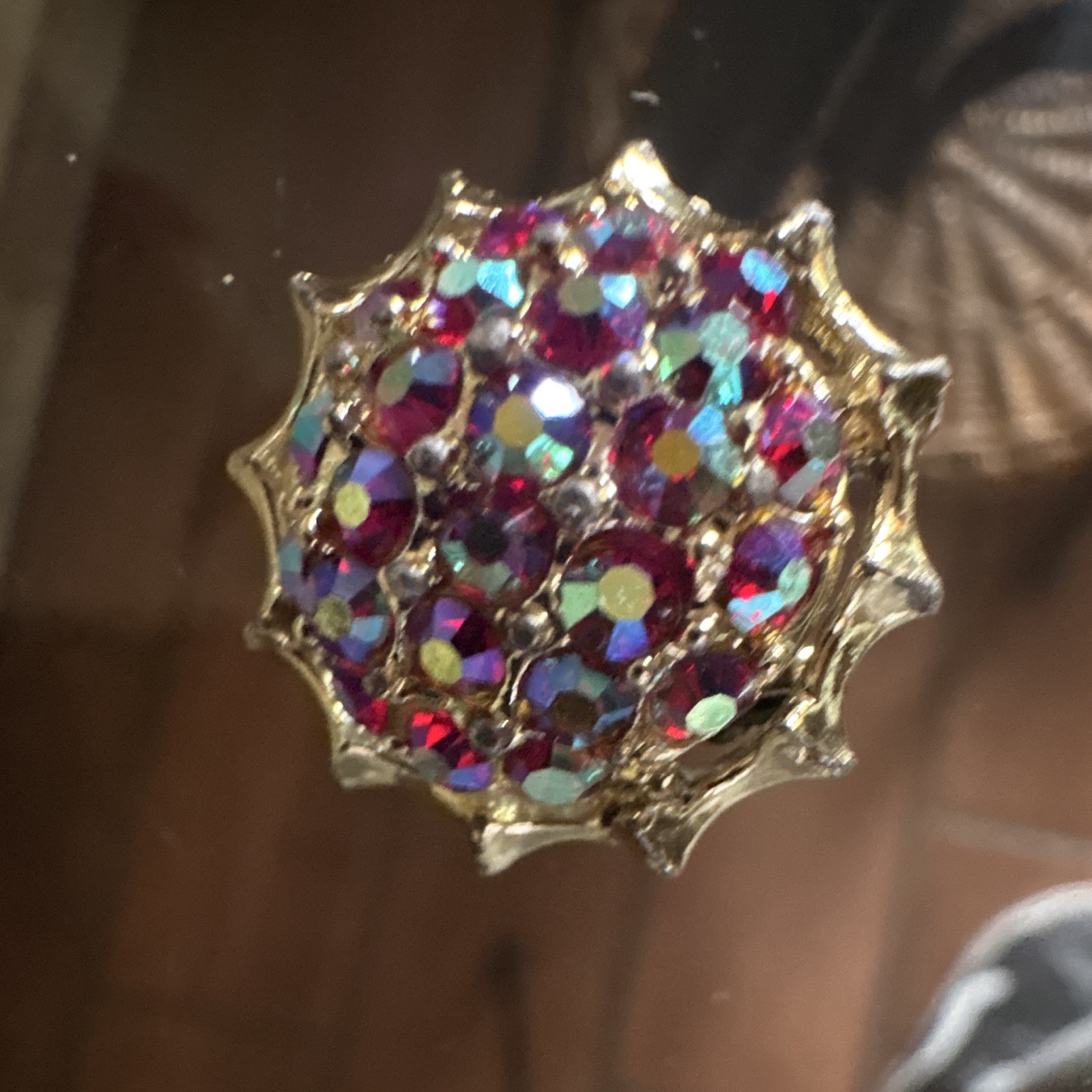 Gold Tone Purple & Blue Rhinestone Cluster Round Brooch Pin, Aurora Borealis