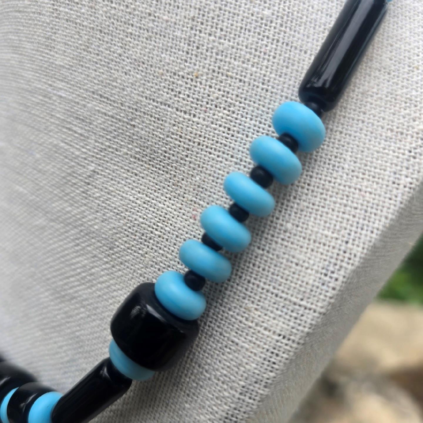 Vintage German Glass Bead Necklace Black & Blue Mid Century Old Stock 18.5 in