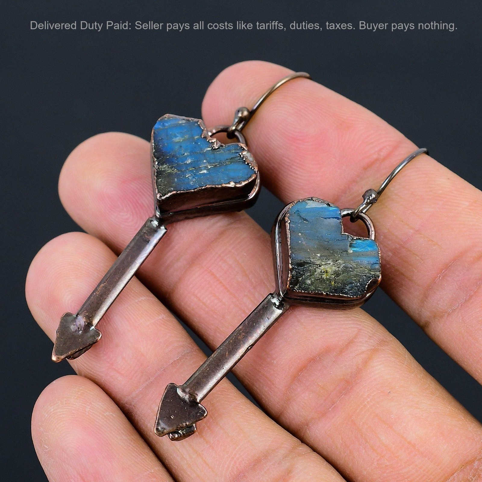 Copper Natural Labradorite Rough Dangle Electroformed Artisan Earrings Jewelry