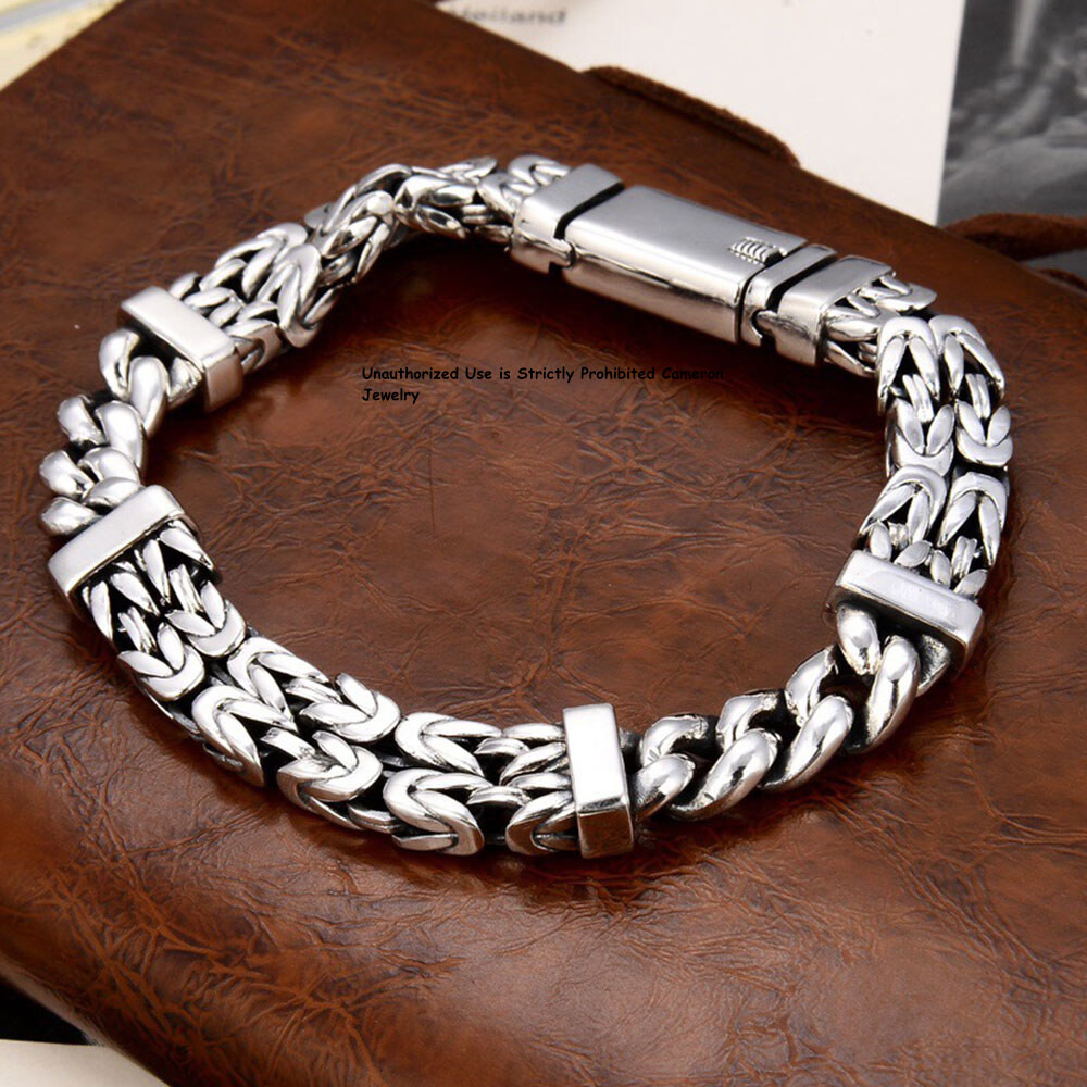 Pure S925 Sterling Silver Chain Men 11mm Curb Byzantine Link Bracelet 52g 8.26in