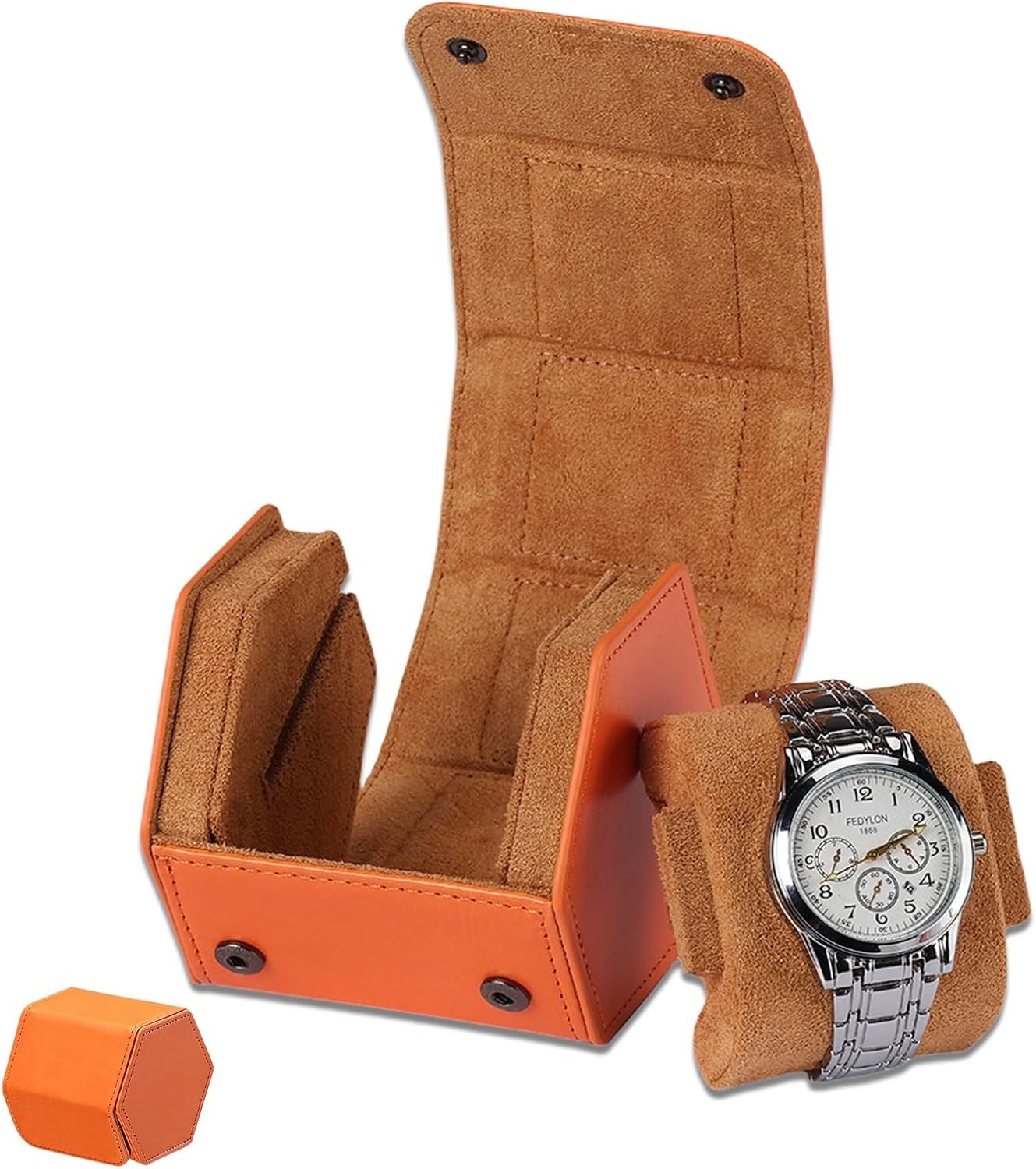 Orange Leather Watch Travel Case with Removable Cushions – Gift Ready