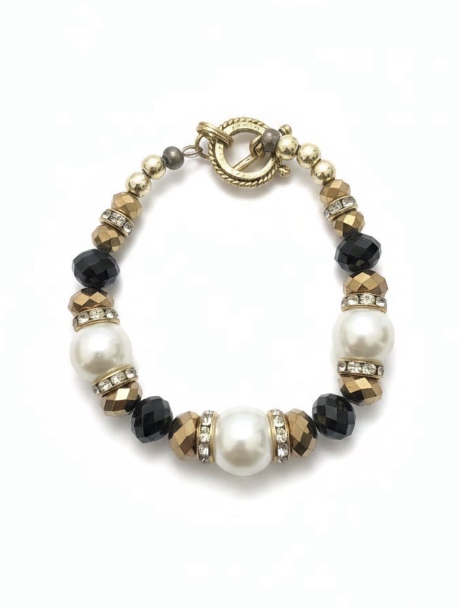 Extra Large Hand Crafted Gold Black White Beaded Bracelet
