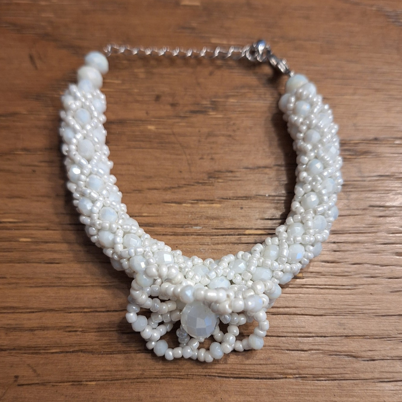 White Beaded Choker Statement Necklace, White Beads, No Stone, Undated